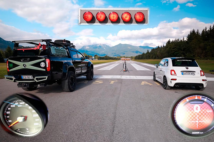 Гонку пикапа Mercedes X-Class и хот-хэтча Abarth 595 показали на видео 